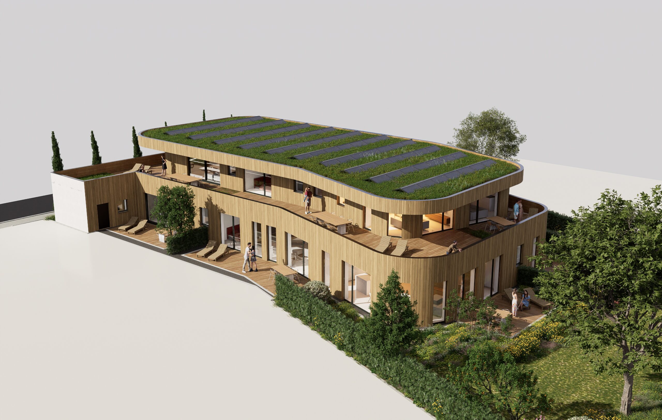 Außenansicht Aktivhaus mit Holzfassade